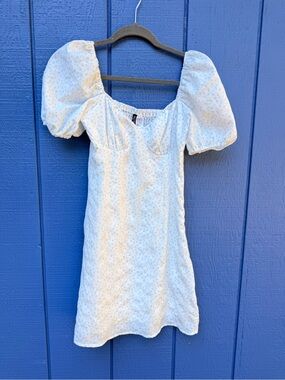 White with Light Blue Flowers Puff Sleeve Dress